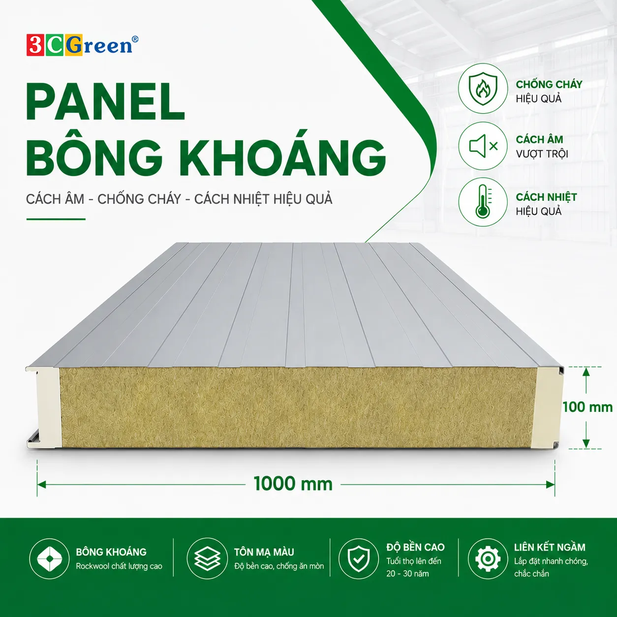Panel Bông Khoáng khổ rộng 1000, dày 100mm, tỷ trọng bông 80kg/m³