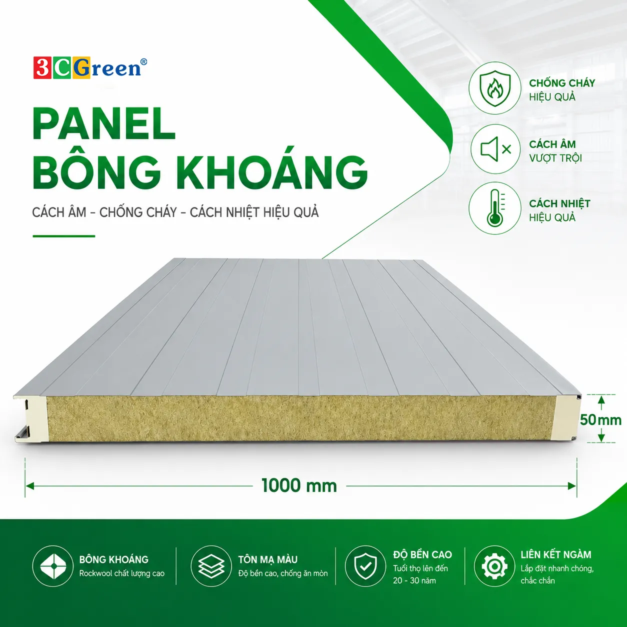 Panel Bông Khoáng khổ rộng 1000, dày 50mm, tỷ trọng bông 80kg/m³