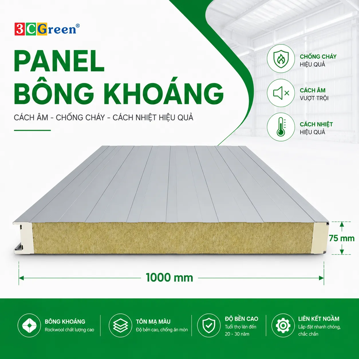 Panel Bông Khoáng khổ rộng 1000, dày 75mm, tỷ trọng bông 80kg/m³