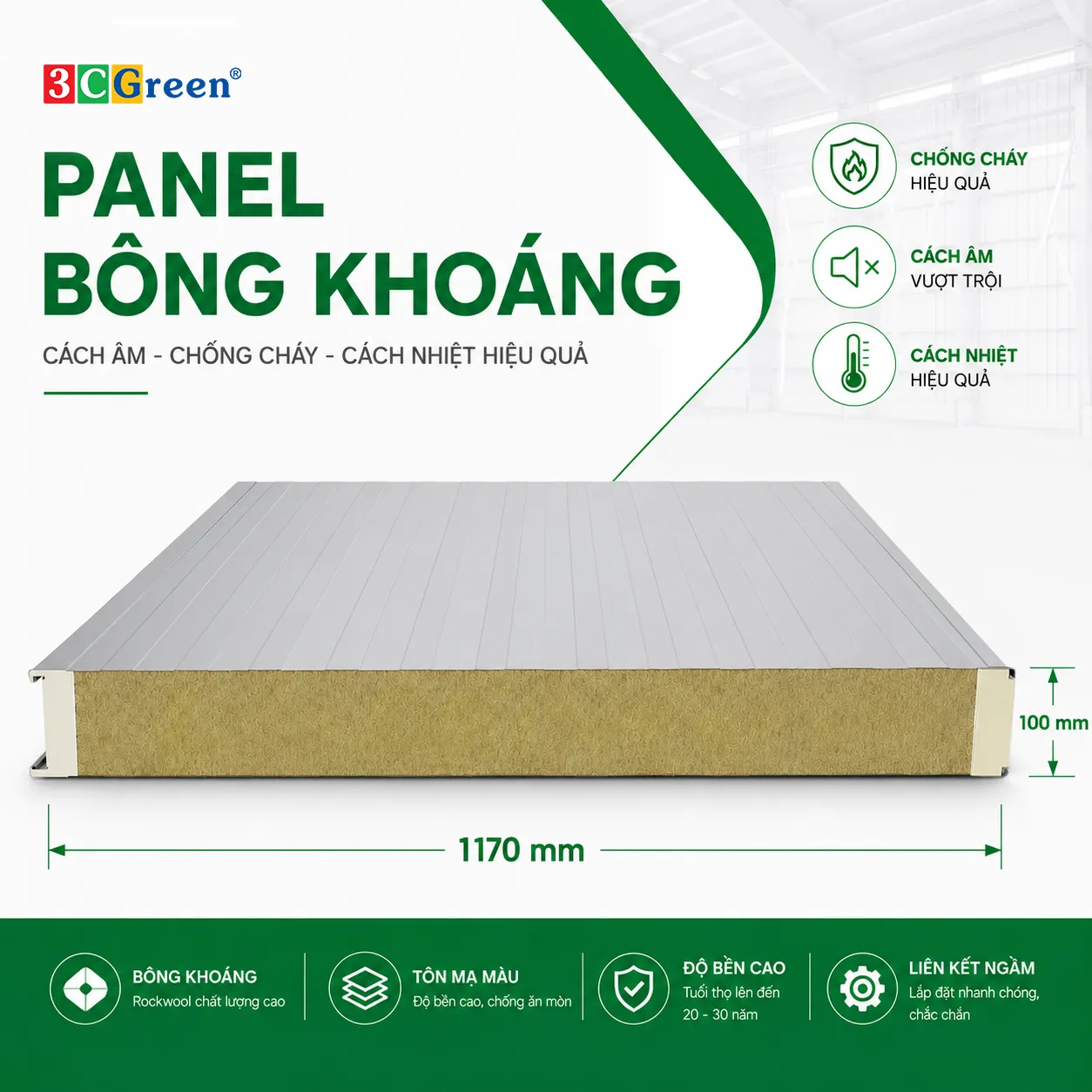 Panel Bông Khoáng khổ rộng 1170, dày 100mm, tỷ trọng bông 80kg/m³
