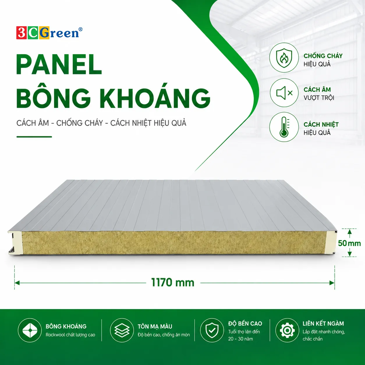 Panel Bông Khoáng khổ rộng 1170, dày 50mm, tỷ trọng bông 80kg/m³