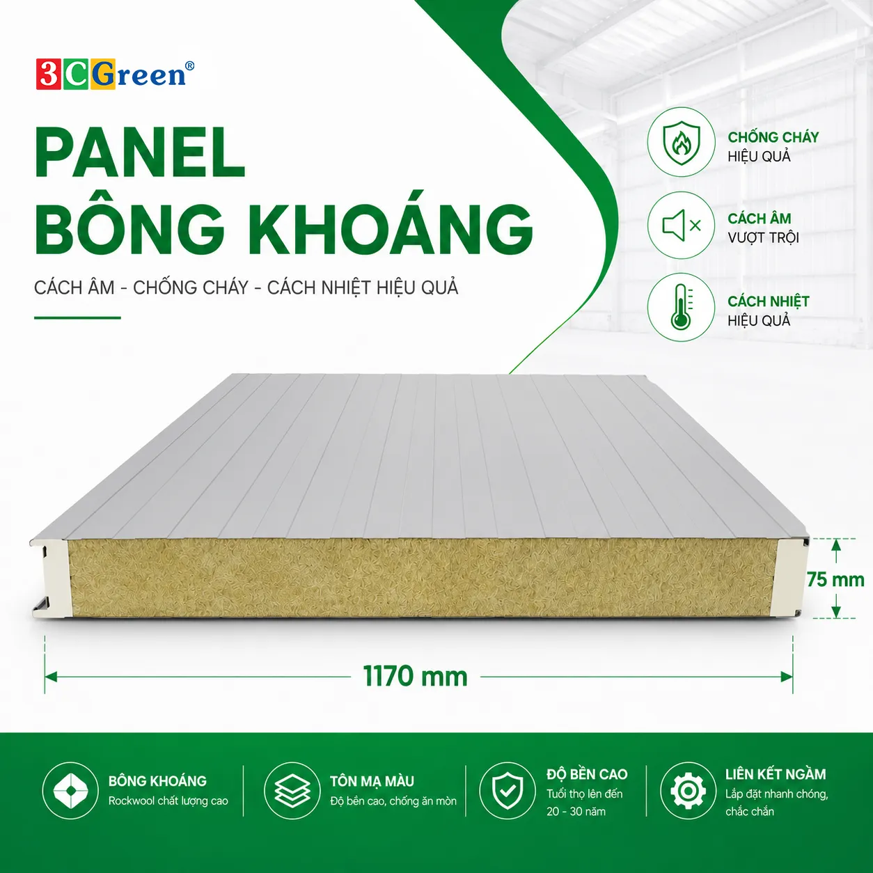 Panel Bông Khoáng khổ rộng 1170, dày 75mm, tỷ trọng bông 80kg/m³